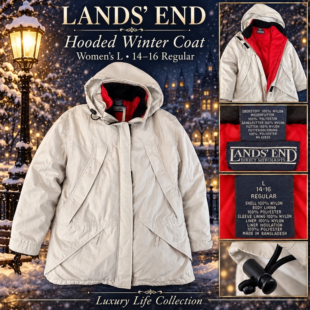 Lands End Vintage Squall Parka Jacket Off White Red Liner L 14-16 Regular